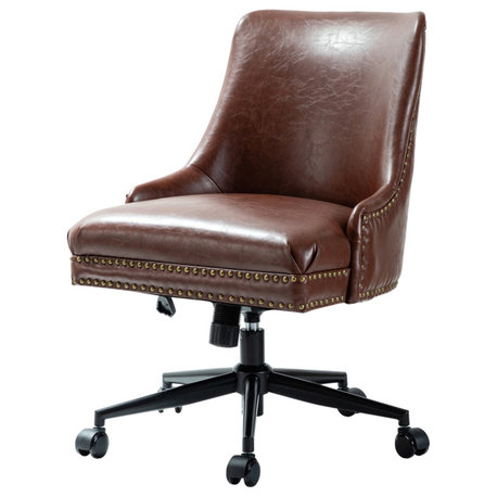 Upholstered Swivel Task Chair With Nailhead Trim, Brown