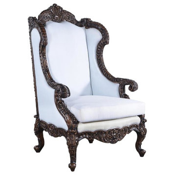Wingback Chair Intricate Carved Wood Distressed Walnut Finish Muslin