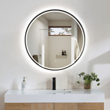 Palme Round Framed Bathroom/Vanity LED Lighted Wall Mirror, Matte Black, 32"