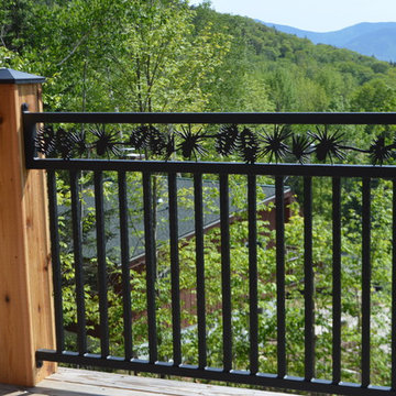No post Stair and Railing for unique New Hampshire Ski Lodge Log Home