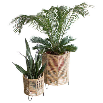 Natural Round Woven Rush Baskets 2-Piece Set Metal Frame Stand Storage Planters