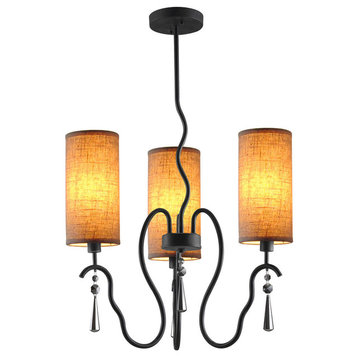 Haley 3-Light Chandelier, Seedy and Plated Amber Glass, Fabric Shade, Beige Shad