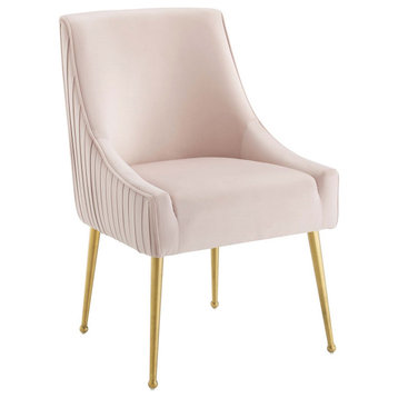 Pleated Accent Chair, Brushed Gold Dining Chair, Glam Velvet Side Chair, Pink