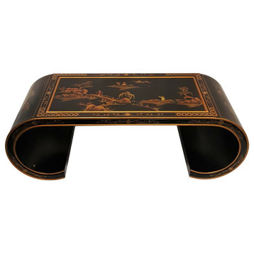 Oriental Coffee Table, Antique Black With Scroll Legs 48"