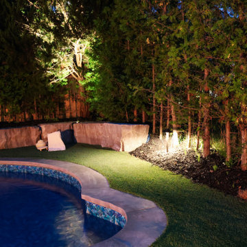 Cedar Privacy Backdrop with Landscape Lighting at Night