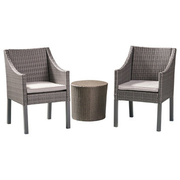 GDF Studio 3-Piece Sims Outdoor Wicker Chat Set, Gray with Silver Cushions, Gray