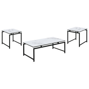 3 Piece Table Set With Faux Marble Top, White and Dark Gunmetal