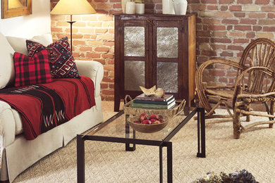 Elegant carpeted and beige floor living room photo in Cleveland with white walls