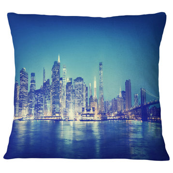 Blue New York City at Night Panorama Cityscape Throw Pillow, 18"x18"