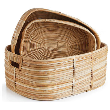 Cane Rattan Rectangular Baskets With Handles, Set of 3