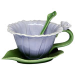 Cosmos Gifts Corp - Dahlia 2-Piece Cup and Saucer Set With Spoon - This 2-Piece Dahlia Cup and Saucer Set makes a stunning addition to a dinner or tea party. Made from porcelain in the shape of a dahlia flower and leaf, this green and purple hand-painted cup and saucer set is elegant and unique. Includes a small tea spoon. Hand wash only.