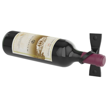 Helix Single 5 (minimalist wall mounted metal wine rack), Matte Black, Left Facing Bottle
