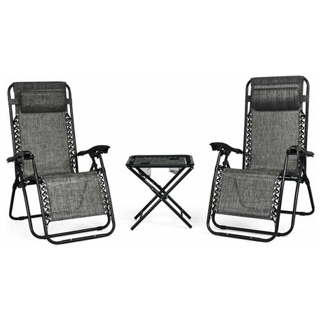 Costway 3PCS Zero Gravity Recliner Lounge Chairs Table Portable Folding Grey