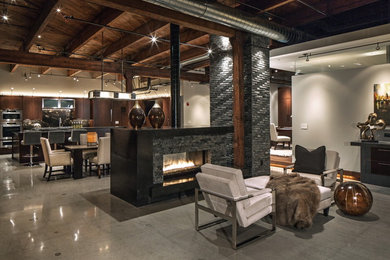 Living room - large contemporary open concept living room idea in Omaha with gray walls, a standard fireplace and a stone fireplace