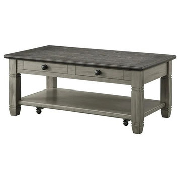 Unique Coffee Table, Wheeled Base and Drawers With Round Knob, Coffee/Antique Gray