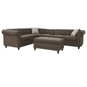 Classic Sectional Sofa, Button Tufted Back & Rolled Arms With Nailhead, Charcoal