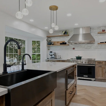 Warm Cherry Kitchen and Powder Room Remodel with Waterfall Island in Herndon, VA