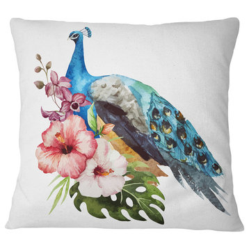 Hibiscus Flowers and Blue Peacock Flower Throw Pillow, 18"x18"