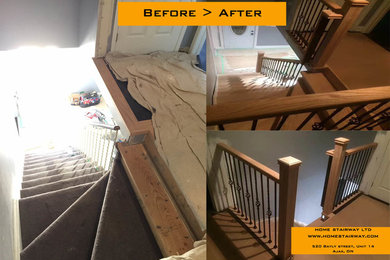 Capping the carpeted stairs in Solid Oak. Iron railing/ baluster