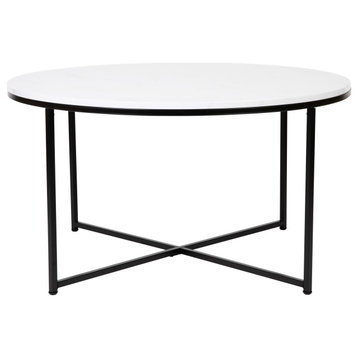 White Marble Finish Engineered Wood Coffee Table With Matte Black Cross Frame