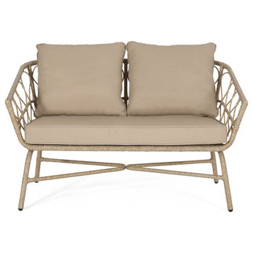 Colmar Outdoor Wicker Loveseat With Cushions, Light Brown and Beige