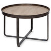 Modern Farmhouse Coffee Table, Crossed Metal Base & Tray Like Round Top, Natural