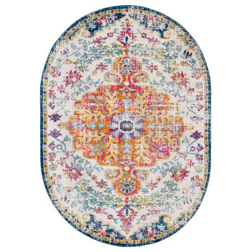 Harput Traditional Saffron, Light Gray Area Rug, 6'7"x9' Oval