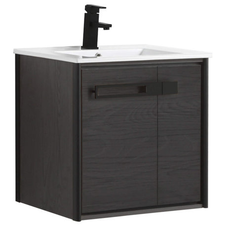 Oakville Wall Mount Bathroom Vanity, Black Coal Oak, 24", Black Hardware