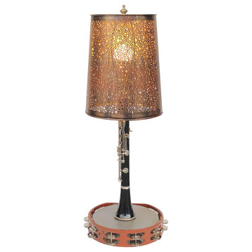 Clarinet Table Lamp Tambourine Base Perforated Metal Shade 10 x 28"
