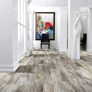 Esempio di un grande ingresso o corridoio contemporaneo con pareti bianche e pavimento in vinile