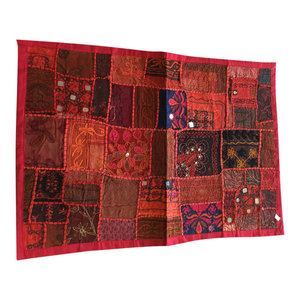 Mogul iNterior - Red Banjara Wall Decor Ethnic Throw Tapestry Kutch embroidered tapestry - Tapestries