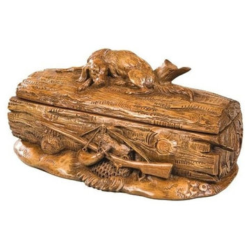 Box Resting Hunting Dog Hinged Lid Light Brown Carved Hand-Cast Resin