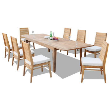 9-Piece Outdoor Teak Dining Set: 122" Rectangle Table 8 Char Stacking Chairs