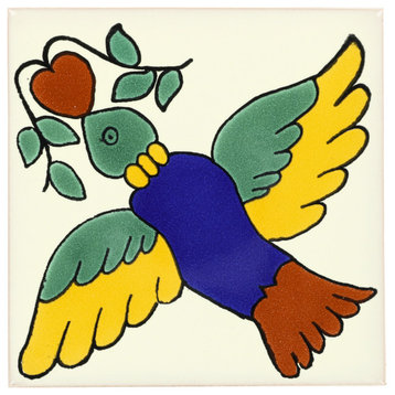 Tierra y Fuego Handmade Ceramic Tile, 4.25x4.25" Colorful Bird, Box of 45