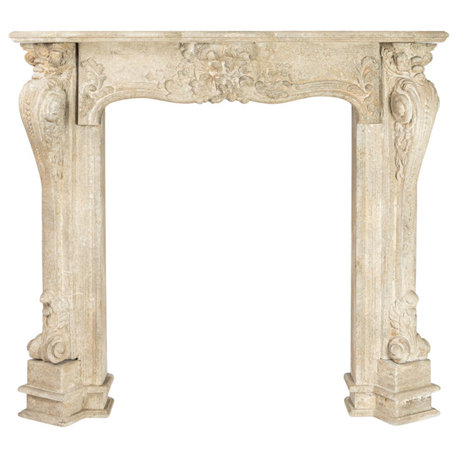 Decorative Wood Fireplace Mantel Ornate, Distressed Cream