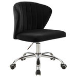 Meridian Furniture - Finley Swivel and Adjustable Velvet Upholstered Office Chair, Black, Chrome Base - Count on the Finley Velvet Office Chair to give them something to talk about around the water cooler. This beautiful office chair has a svelte seashell-inspired back that's channel tufted for sumptuously inviting look and added comfort to help you get through those long hours chained to your desk. Reward yourself for the VIP you are with this chair that's upholstered in soft black velvet that feels luxurious against the skin no matter how hard you work. The rich chrome base features five casters to make it easy to roll from your workstation to the printer, and this swiveling chair's adjustable for added comfort.