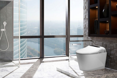 Large master concrete floor bathroom photo in Los Angeles with gray walls