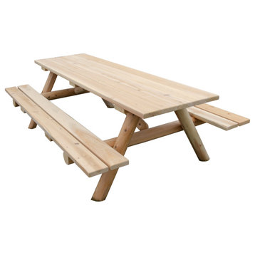 White Cedar Log Picnic Table with Attached Benches, 6 Foot