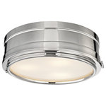 Hudson Valley Lighting - Rye, 14-inch, Flush Mount, Polished Nickel Finish, White Glass - Whether on the ceiling as a flush mount or on the wall as a porthole sconce, Rye makes a handsome addition to a room. Clean lines and simplicity guide the piece. Its only bit of whimsy is a faux hinge, there for ornamentation. Its front lifts off when the tiny ball across from the hinge is unscrewed.