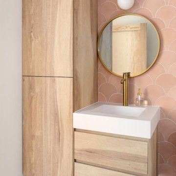 Wood Vanity with Round Mirror — Cabinet Nest Austin, TX