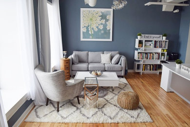Example of a mid-sized transitional open concept light wood floor living room design in Other with blue walls and no fireplace