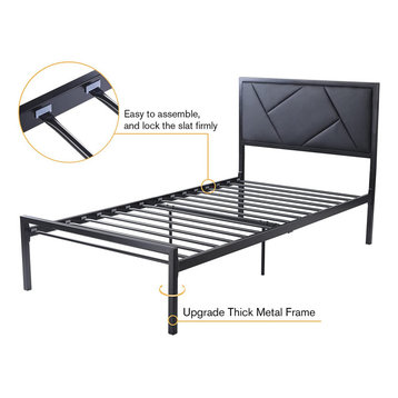 Modern Twin Size Metal Bed Frame with Geometric Litchi Grain Leather Headboard