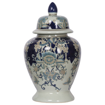 17" Tall Porcelain Vase with Lid Ceramic Blue and White Floral Print Ginger Jar