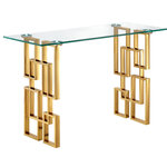 Meridian Furniture - Pierre Gold Console Table - Inject a bold look into your living room or den with this pretty Pierre console table. This well-built table looks more like a work of art than the functional piece it really is. The base has a geometric, sculptural design for an artsy feel and features stainless steel construction with a rich gold tone finish for a glamorous presentation. The clear table top is made from thick glass, so it's tough and durable yet beautiful and contemporary.