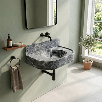 Bursa Gray Marble Wall-Mount Sink with Stepped Basin & Backsplash - 27"x16"x6" -