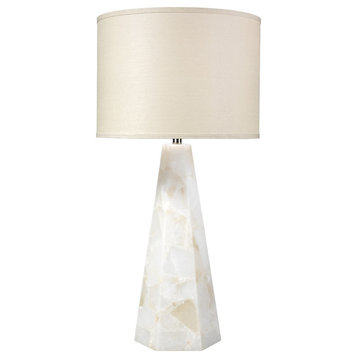 Borealis Hexagon Table Lamp, Alabaster With Large Drum Shade, Stone Linen