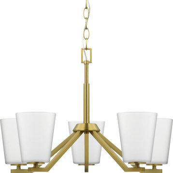 Vertex Collection Five-Light Brushed Gold Etched White Contemporary Chandelier