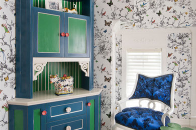 Elegant carpeted kids' room photo in Other with multicolored walls
