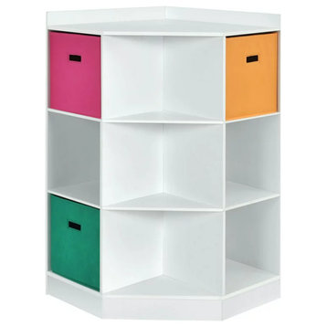 Corner Bookcase, Triangle Center Shelves & 6 Open Cubbies With 3 Baskets, White
