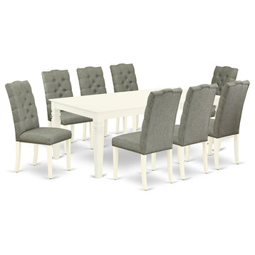 East West Furniture Logan 9-piece Wood Dining Table Set in Linen White